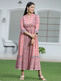Juniper Peach Geometric Printed Pure Cotton Maxi Dress With Lace Work | Grocsy