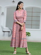 Juniper Peach Geometric Printed Pure Cotton Maxi Dress With Lace Work | Grocsy