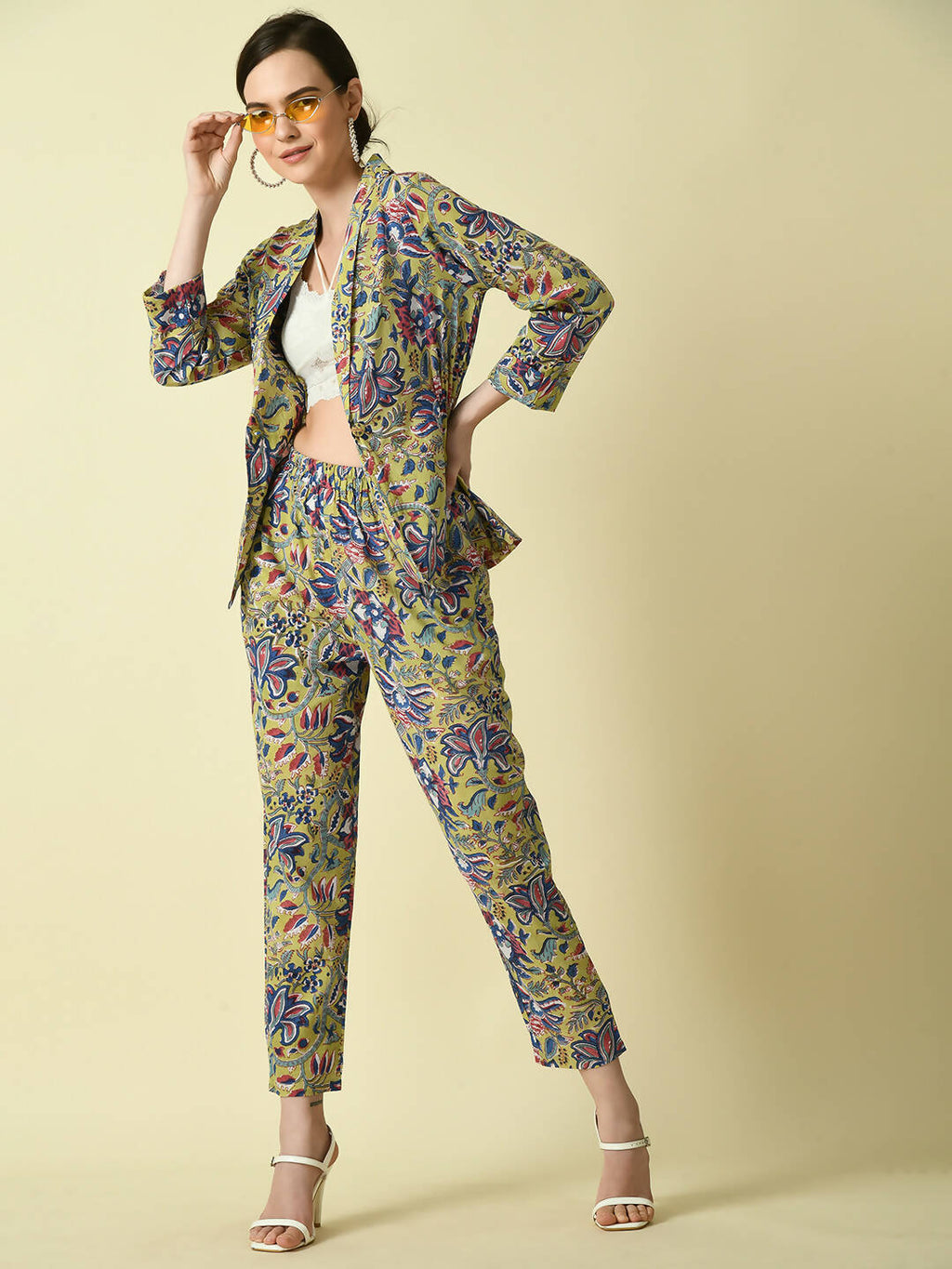 Myshka Women's Multi Shawl Neck Coat With Trousers | Grocsy