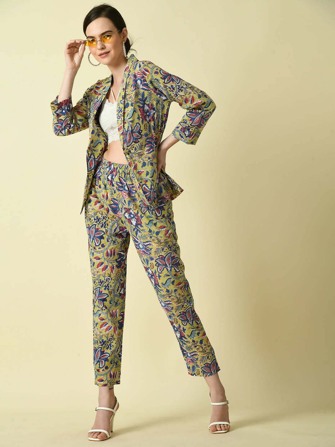 Myshka Women's Multi Shawl Neck Coat With Trousers | Grocsy