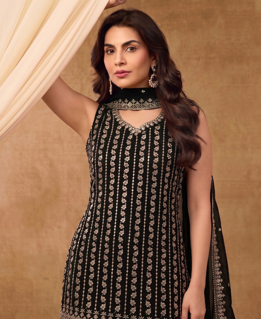 KC Latest Cocktail Wear Black Chinon Sharara Suit For Women | Grocsy