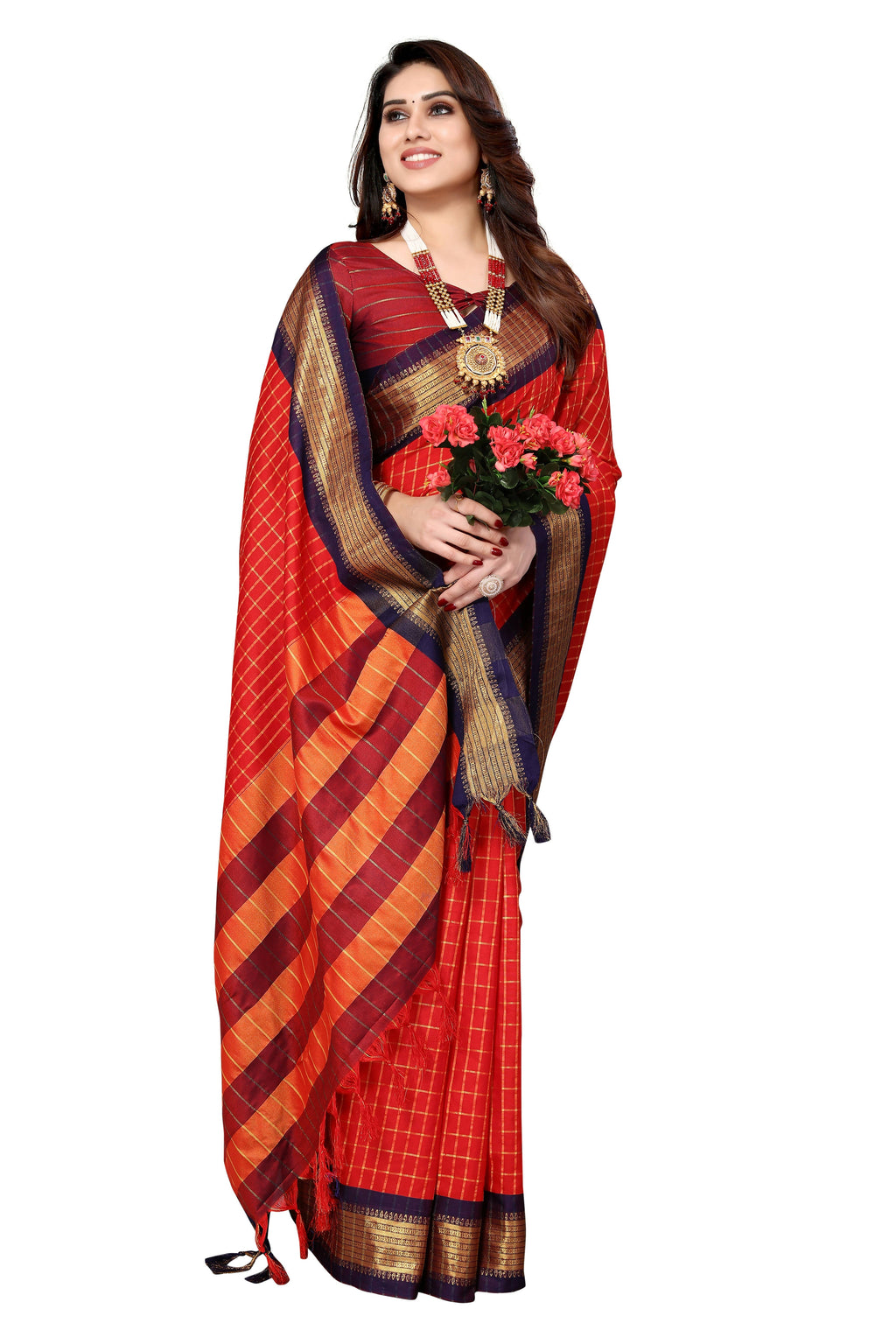 Vamika Weaving Red Cotton Silk Saree | Grocsy