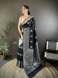 Joban Fashion Black Floral Motifs Soft Silk Banarasi Saree | Grocsy