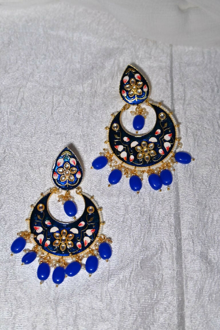 Royal Blue Gold-Polished Brass & Pearl Dangle Women Earrings| Hand Painted Meenakari Chandbali Traditional Ethnic Wear Earrings By House of Ree - Swadesiicart
