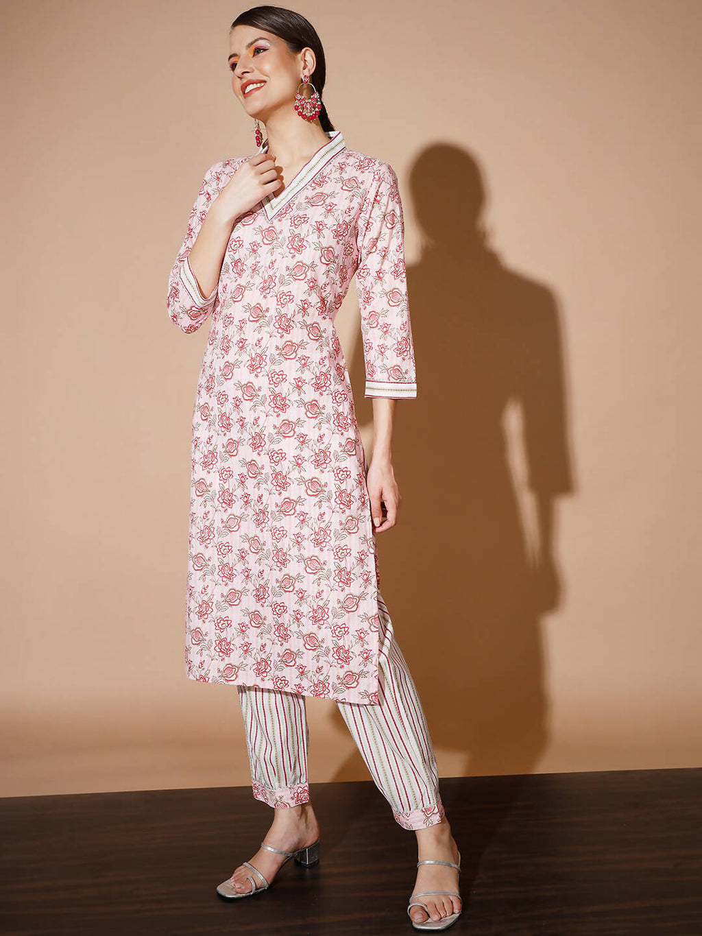Myshka Women Pink Floral Kurta & Trousers | Grocsy
