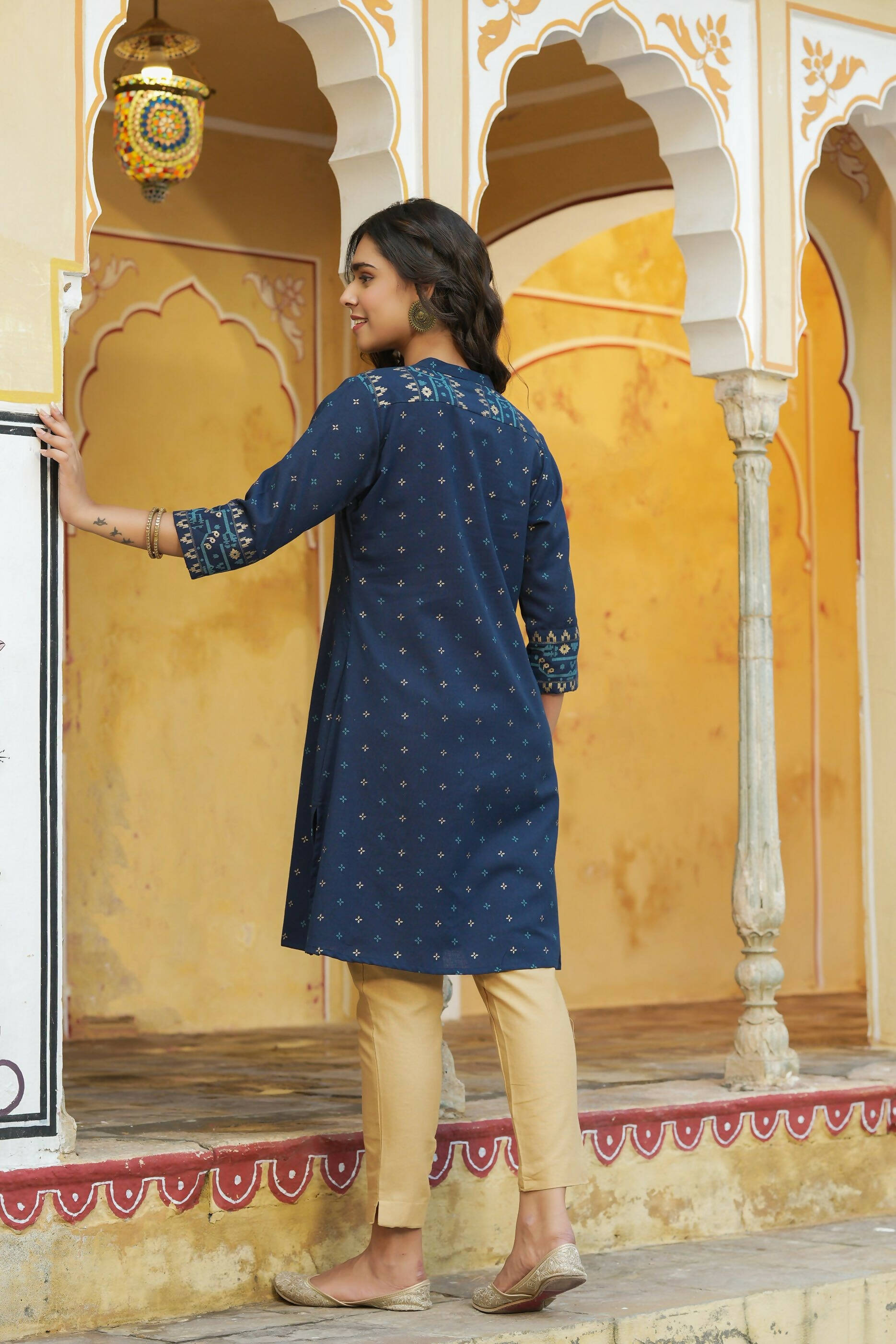 Juniper Women's Blue Cotton Flex Printed A-Line Kurta | Grocsy