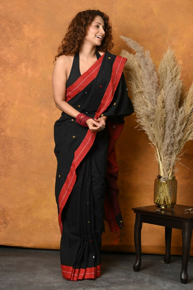 Very Much Indian Pure Cotton Handloom Saree with Buttis & Sleek Border - Black | Grocsy