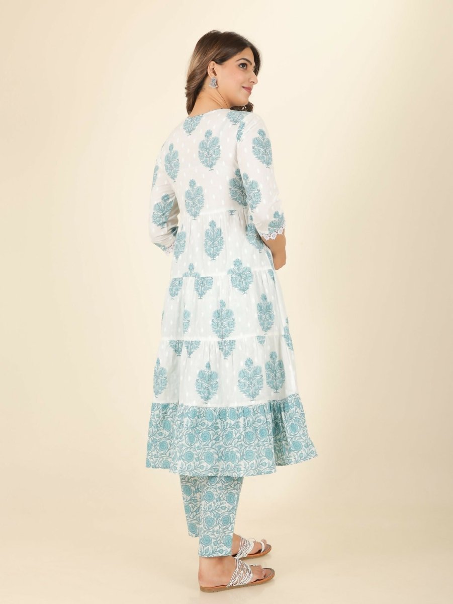 Aramya White Soft Cotton Block Print Anarkali Kurta Set for Women | Grocsy