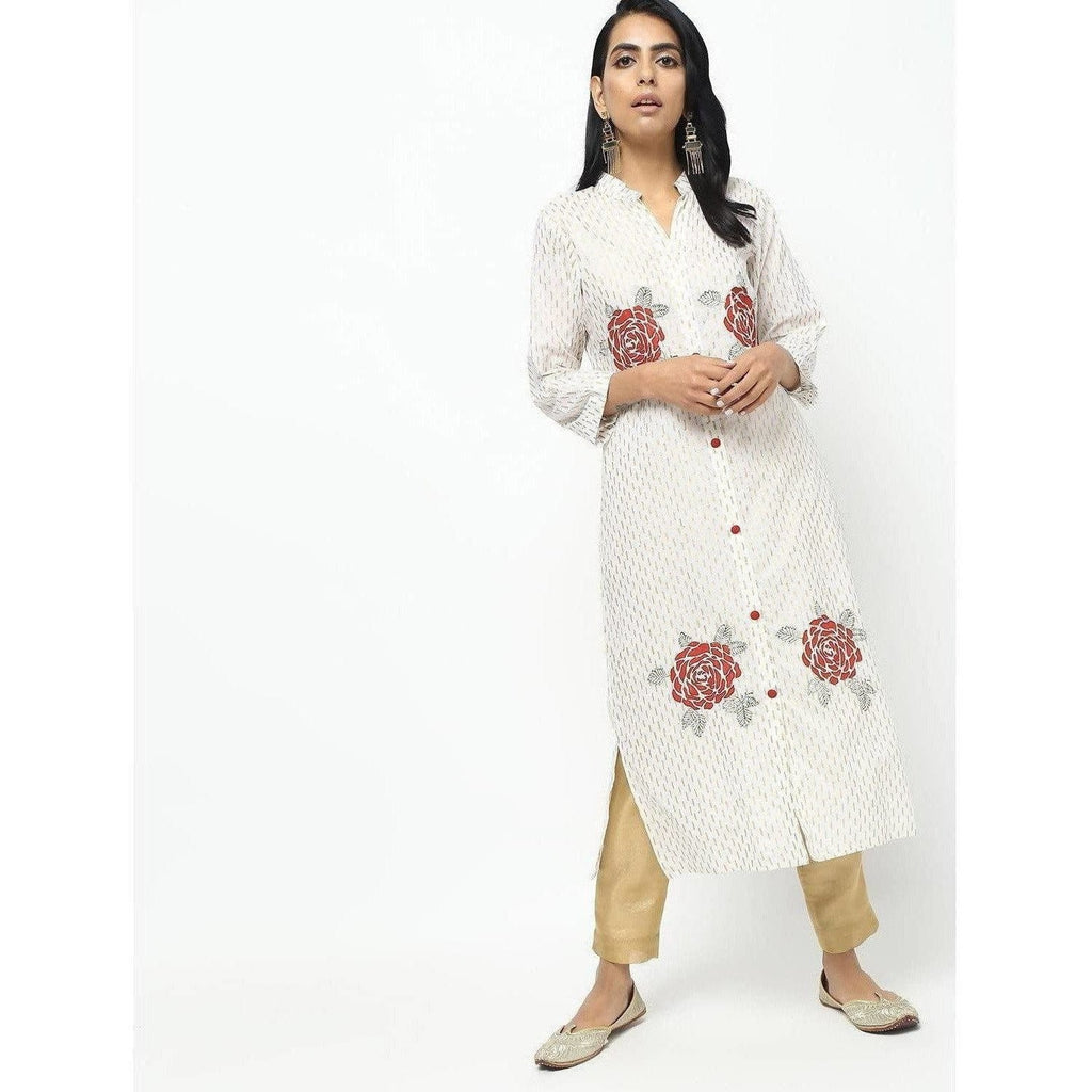 Cheera Off White Straight Foil Printed Long Kurta | Grocsy