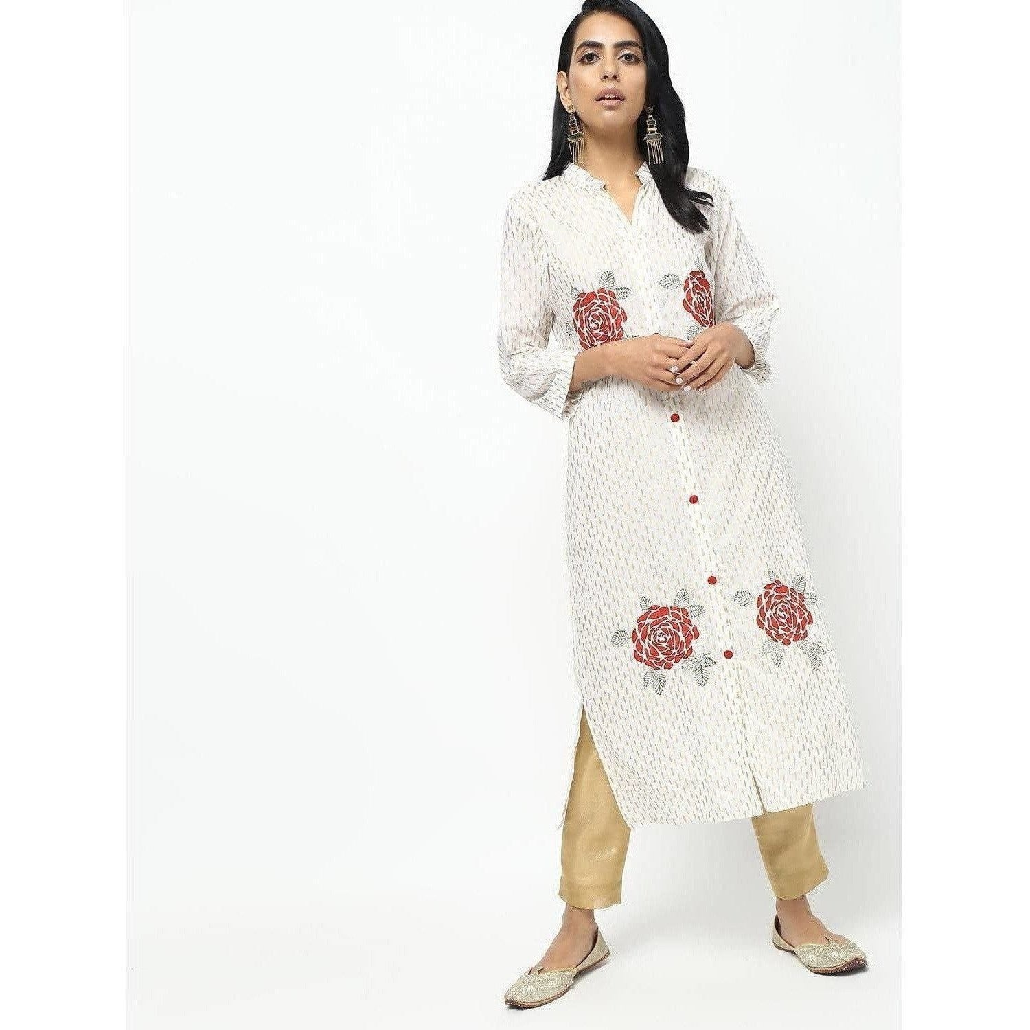 Cheera Off White Straight Foil Printed Long Kurta | Grocsy