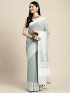 Shree Shyam Fashion Linen Sea Green Saree | Grocsy