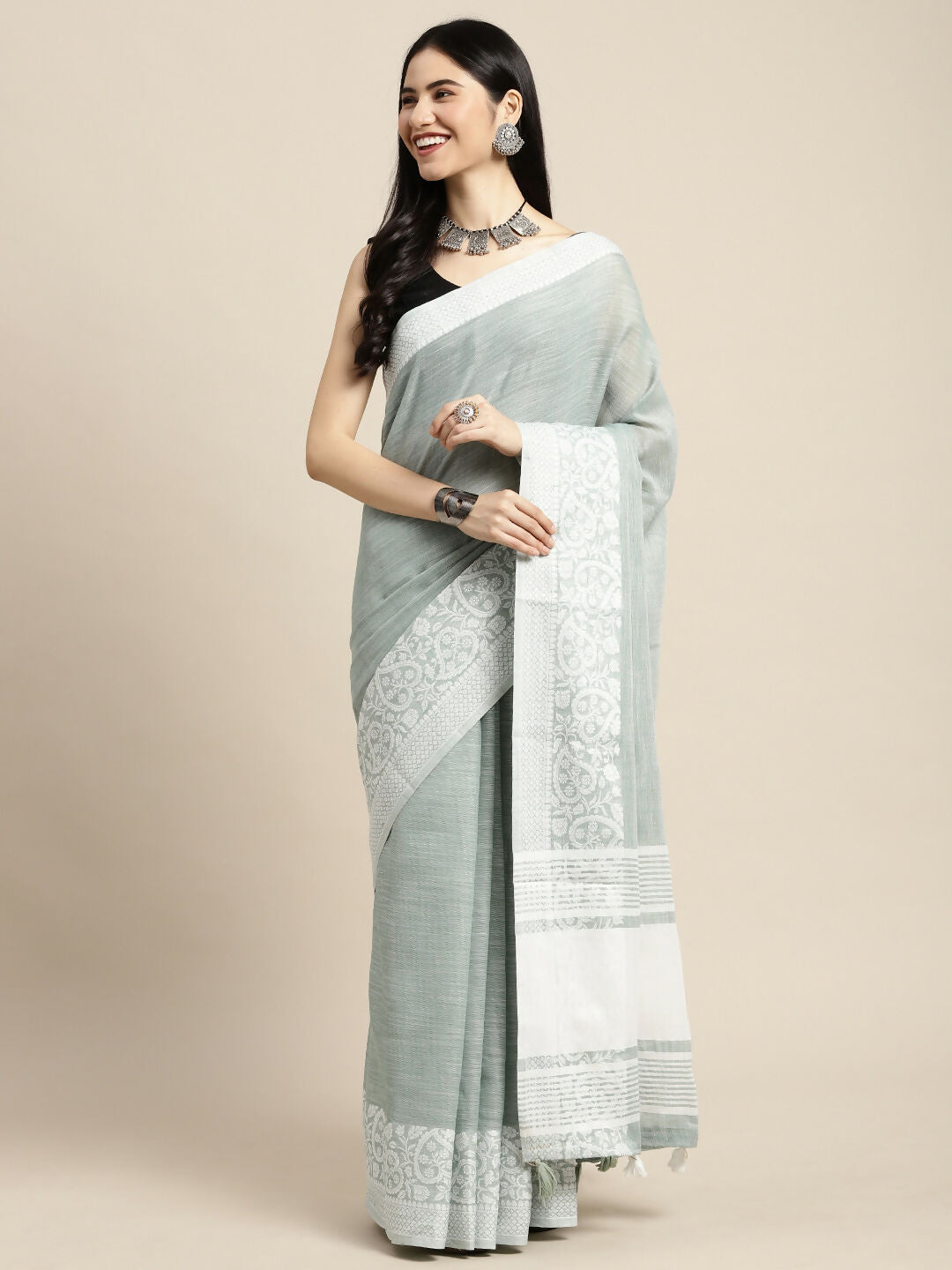 Shree Shyam Fashion Linen Sea Green Saree | Grocsy