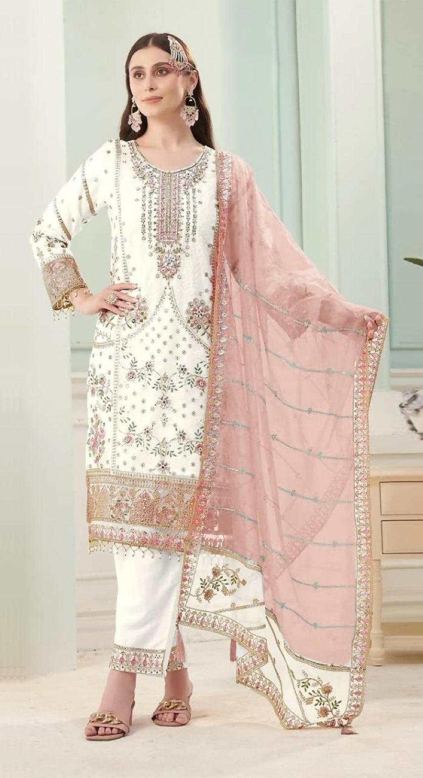 Anaita White Fox Georgette Stitched Suit with Embroidery Sequins | Grocsy
