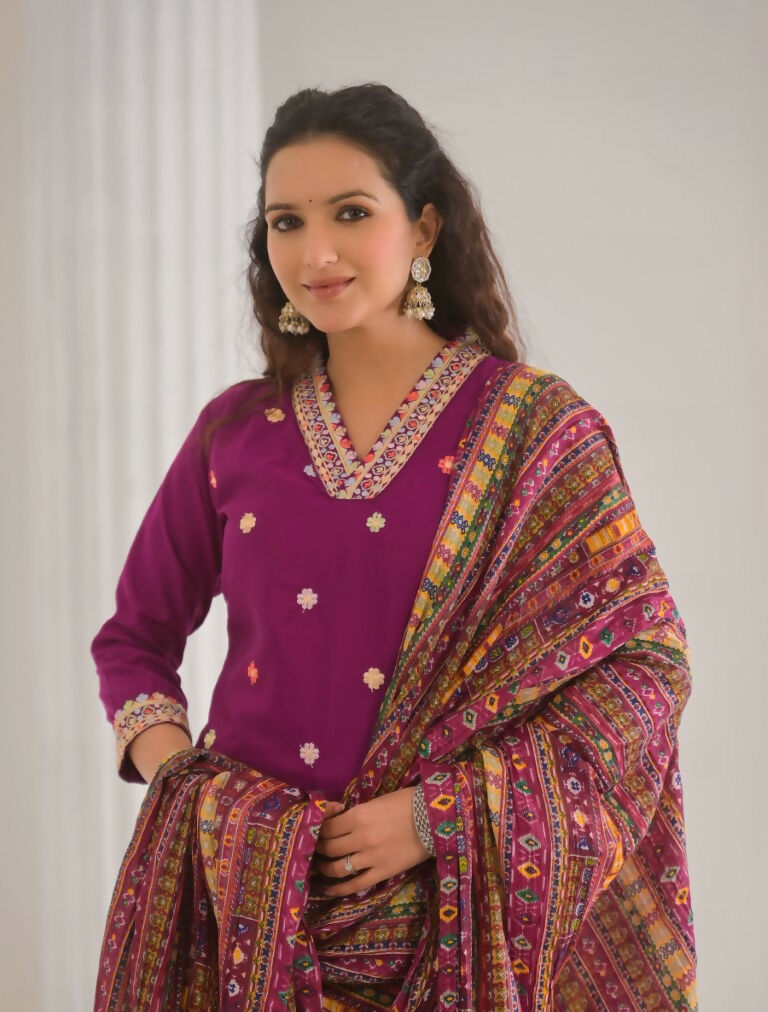 Festive Ethnic Viscose Chanderi Rani Pink Stitched Suit With Dupatta - Rashmika | Grocsy