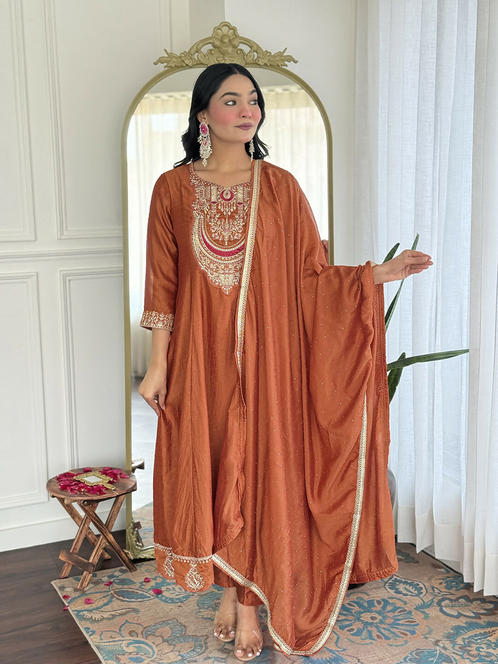 The52 Rust Women's Gorgeous Embroidered Vichitra Silk Fabric Flared Kurta, Pant and Dupatta Set | Grocsy