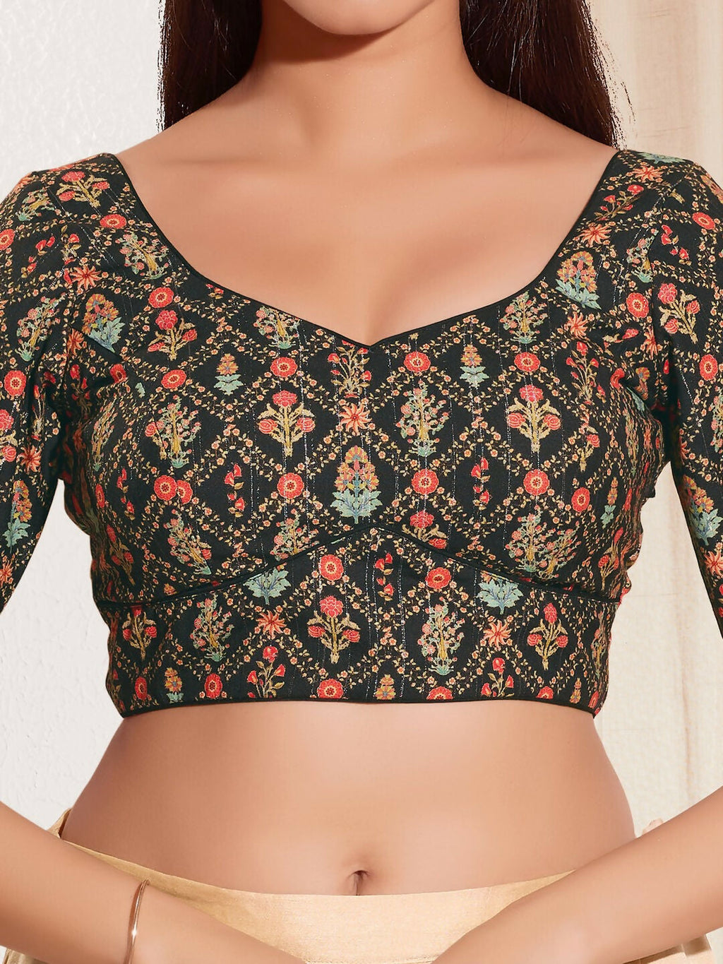 Joban Fashion Black Viscose Rayon Padded Blouse With Sweetheart Neck Elbow Sleeves | Grocsy