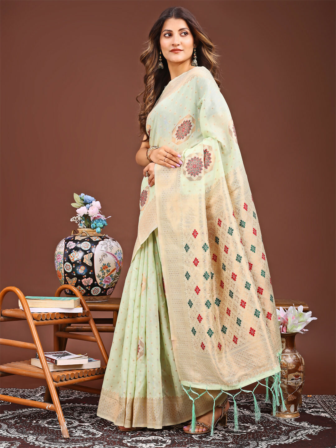 Shree Shyam Fashion Neerja Sea Green Linen Cotton Saree | Grocsy