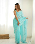 Attractive Looking Georgette Thread, Sequance Embroidery Work Party Wear Saree - Sky Blue | Grocsy