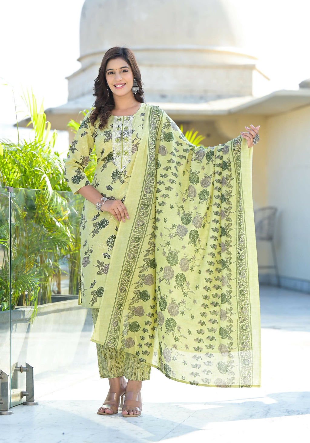 Juniper Women's Lime Green Floral Printed Cotton Kurta Set With Thread Work | Grocsy