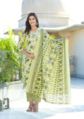 Juniper Women's Lime Green Floral Printed Cotton Kurta Set With Thread Work | Grocsy