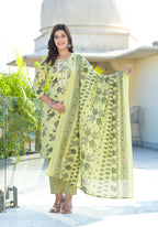 Juniper Women's Lime Green Floral Printed Cotton Kurta Set With Thread Work | Grocsy