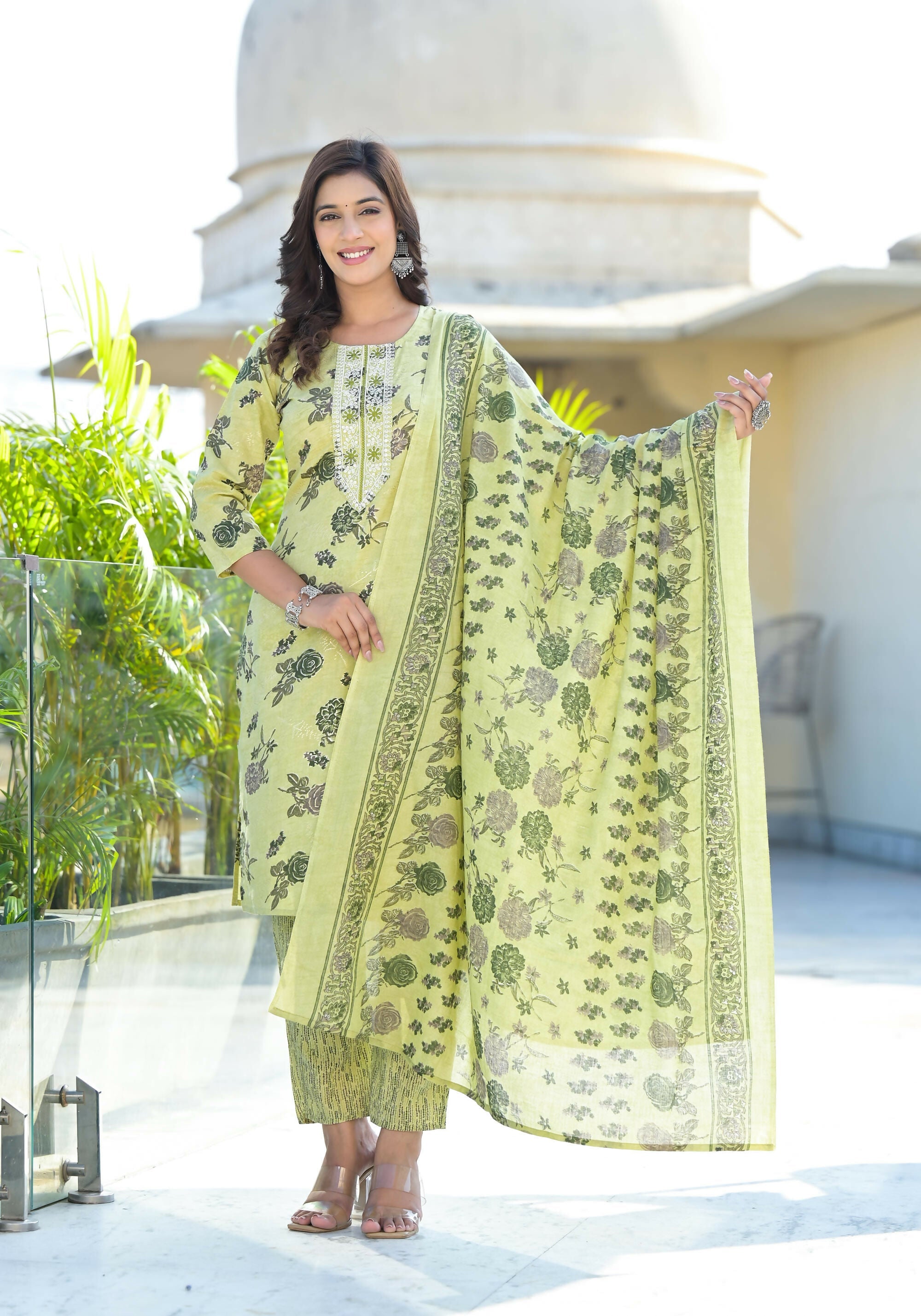 Juniper Women's Lime Green Floral Printed Cotton Kurta Set With Thread Work | Grocsy