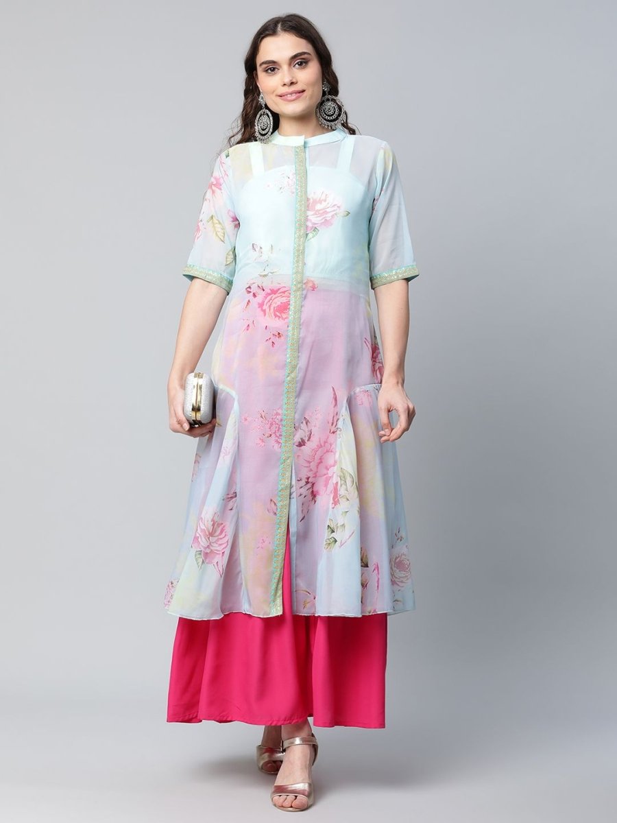 Ahalyaa Women Sea Green Floral Printed Top With Kurta | Grocsy