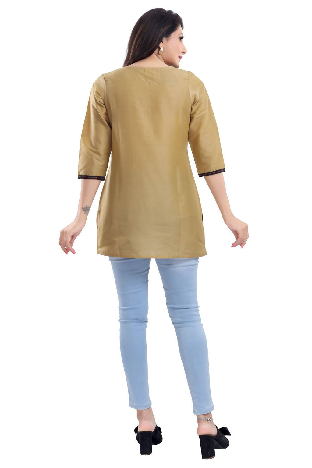 Snehal Creations Luxurious Fine Gold Cotton Silk Short Tunic Top | Grocsy