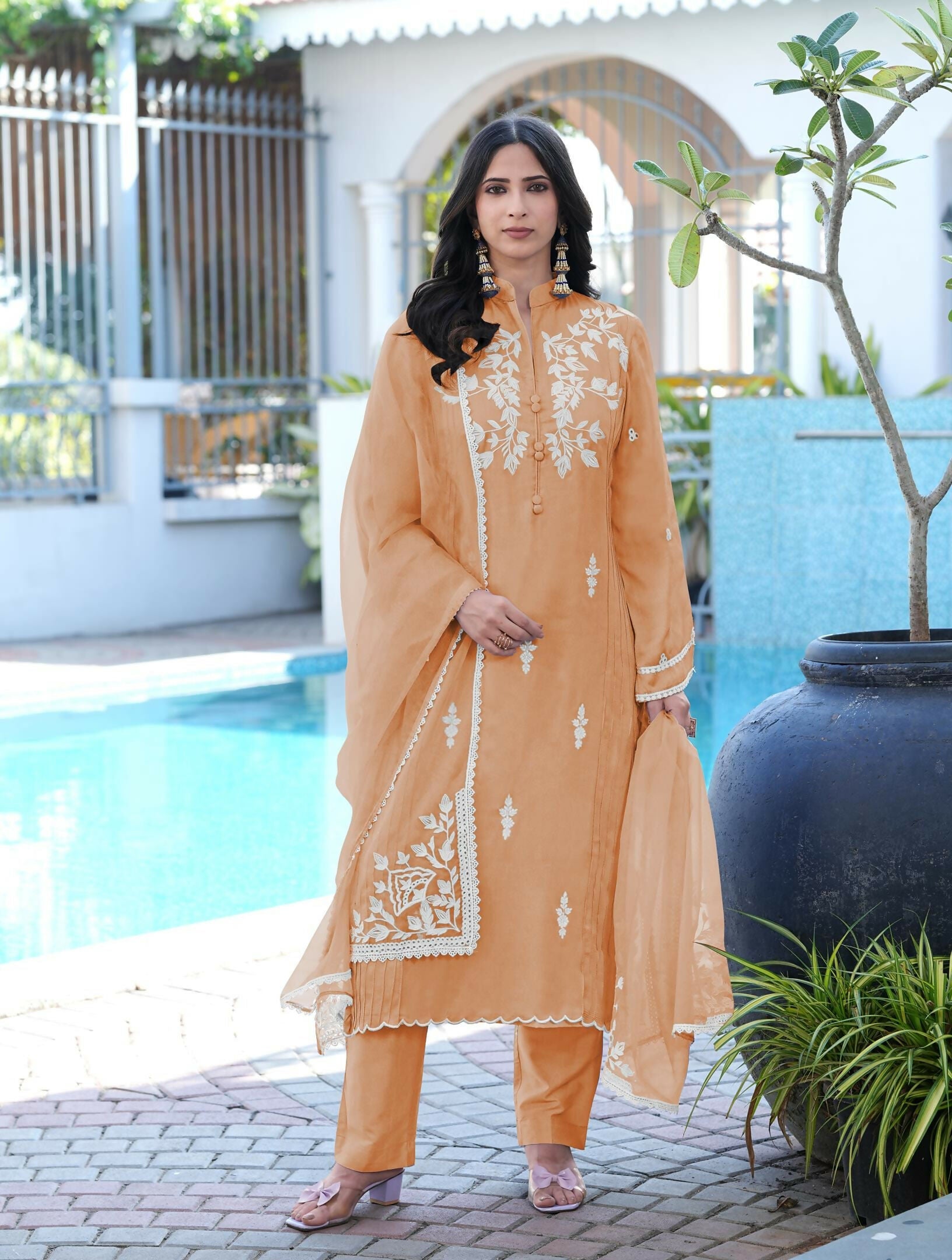 Nikhaar Orange Embroidered Modal Silk Stitched Straight Cut Kurta Pants Dupatta Readymade Suit | Grocsy