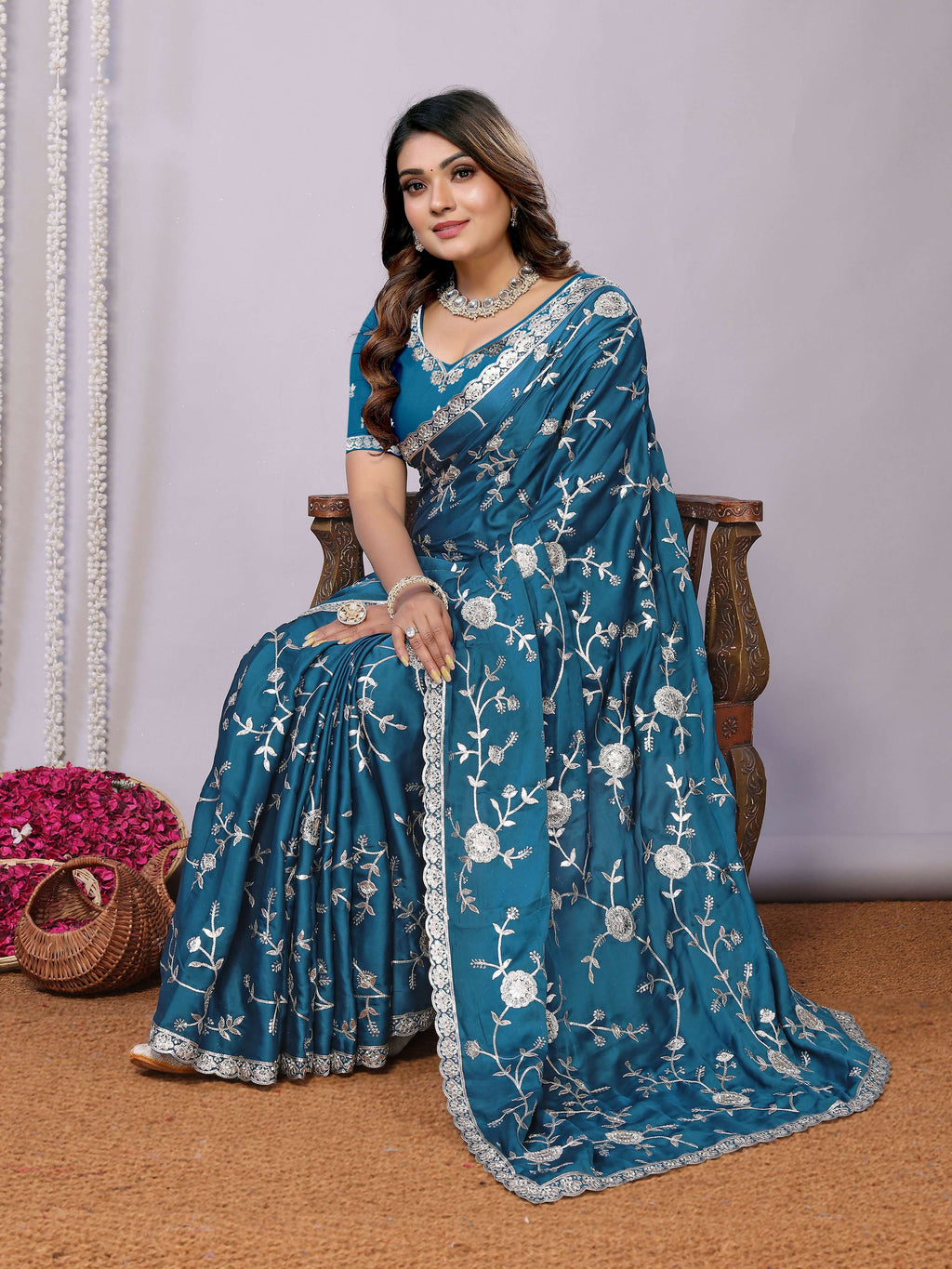 Blue Pure Satin Embroidered Saree With Stitched Blouse - Nimaya Kaksha | Grocsy