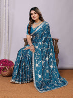 Blue Pure Satin Embroidered Saree With Stitched Blouse - Nimaya Kaksha | Grocsy