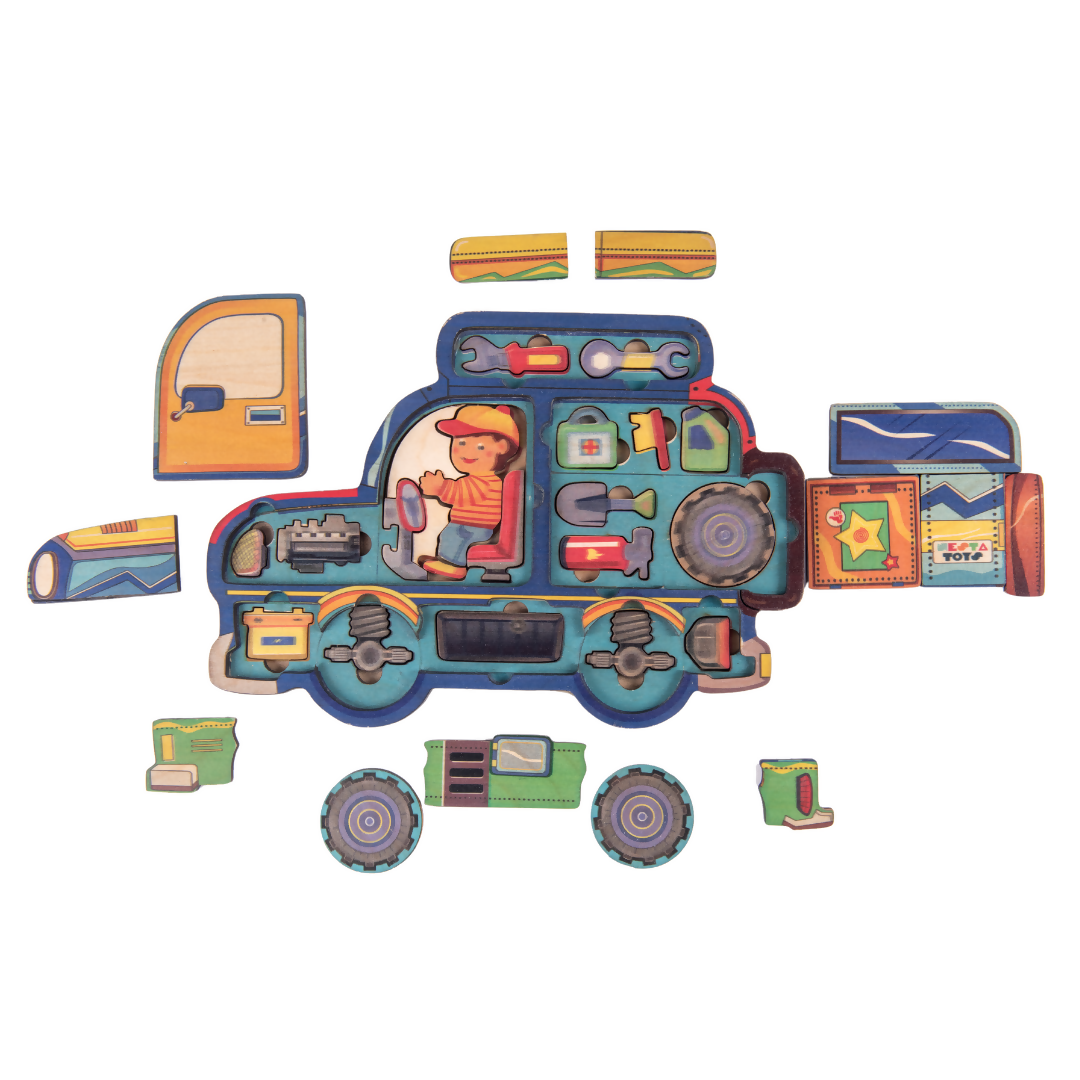 Nesta Toys Wooden Car Puzzle for Kids, Educational Toys & Puzzle (4+ Years), 2 Layer Puzzle | Grocsy