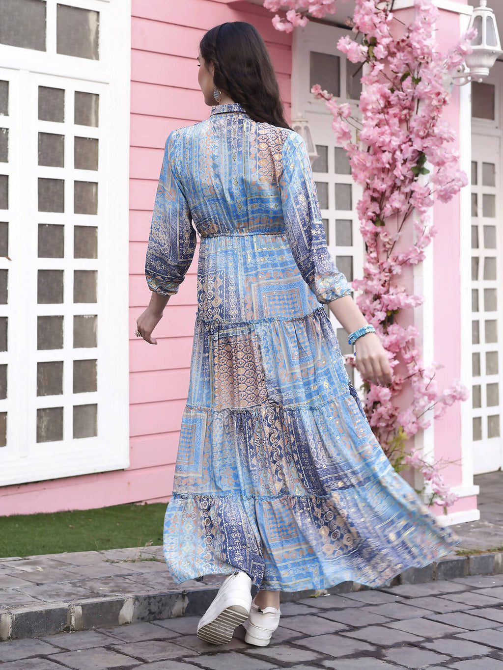 Light Blue Crepe Foil Printed Long Dress - Michan | Grocsy