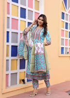 Alvano Printed Anarkali Kurti with Pant and Dupatta Set for Women's and Girls Rayon | Grocsy