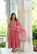 Yufta Pink Handblocked Printed Kurta with Trouser and Dupatta | Grocsy