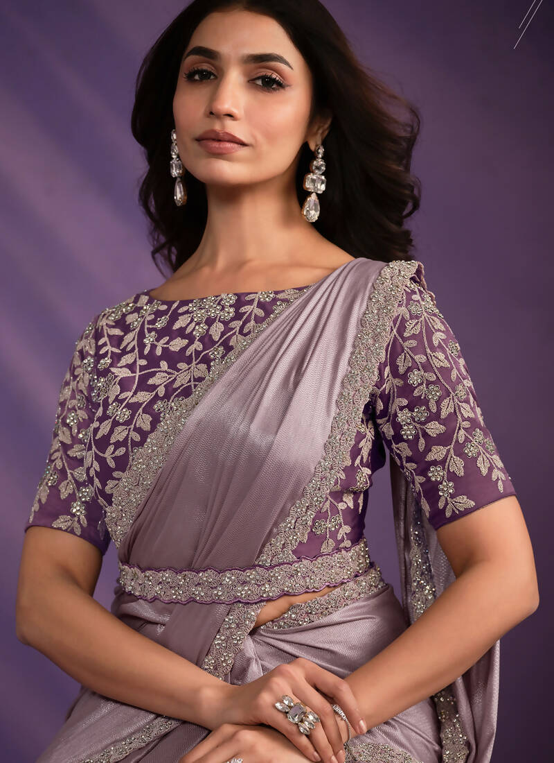 Purple Pattern Georgette Embroidered Saree With Stitched Blouse - Mohmanthan Exotica | Grocsy