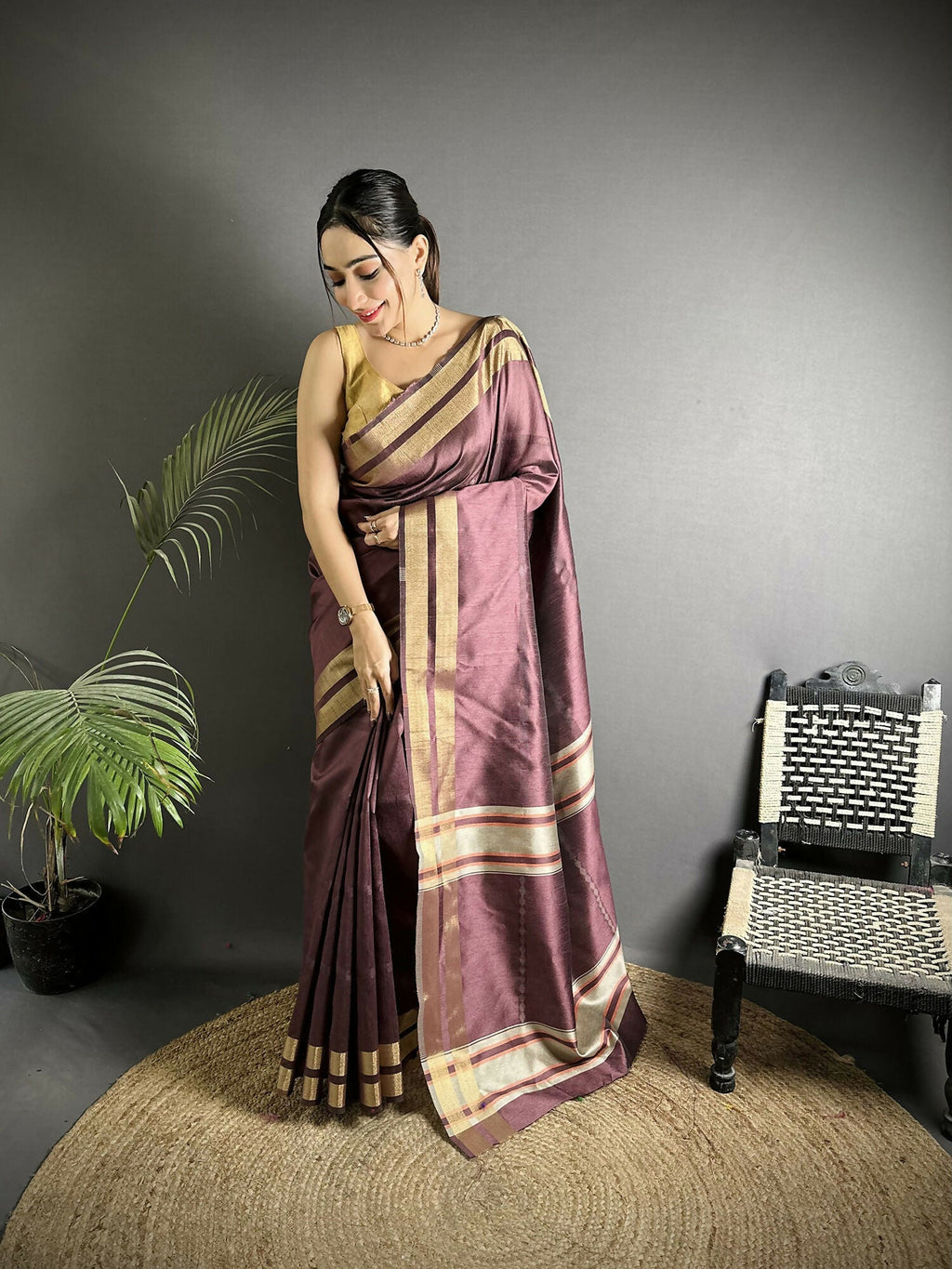 Joban Fashion Wine Woven Pattern Raw Silk Kanjivaram Silk Saree | Grocsy