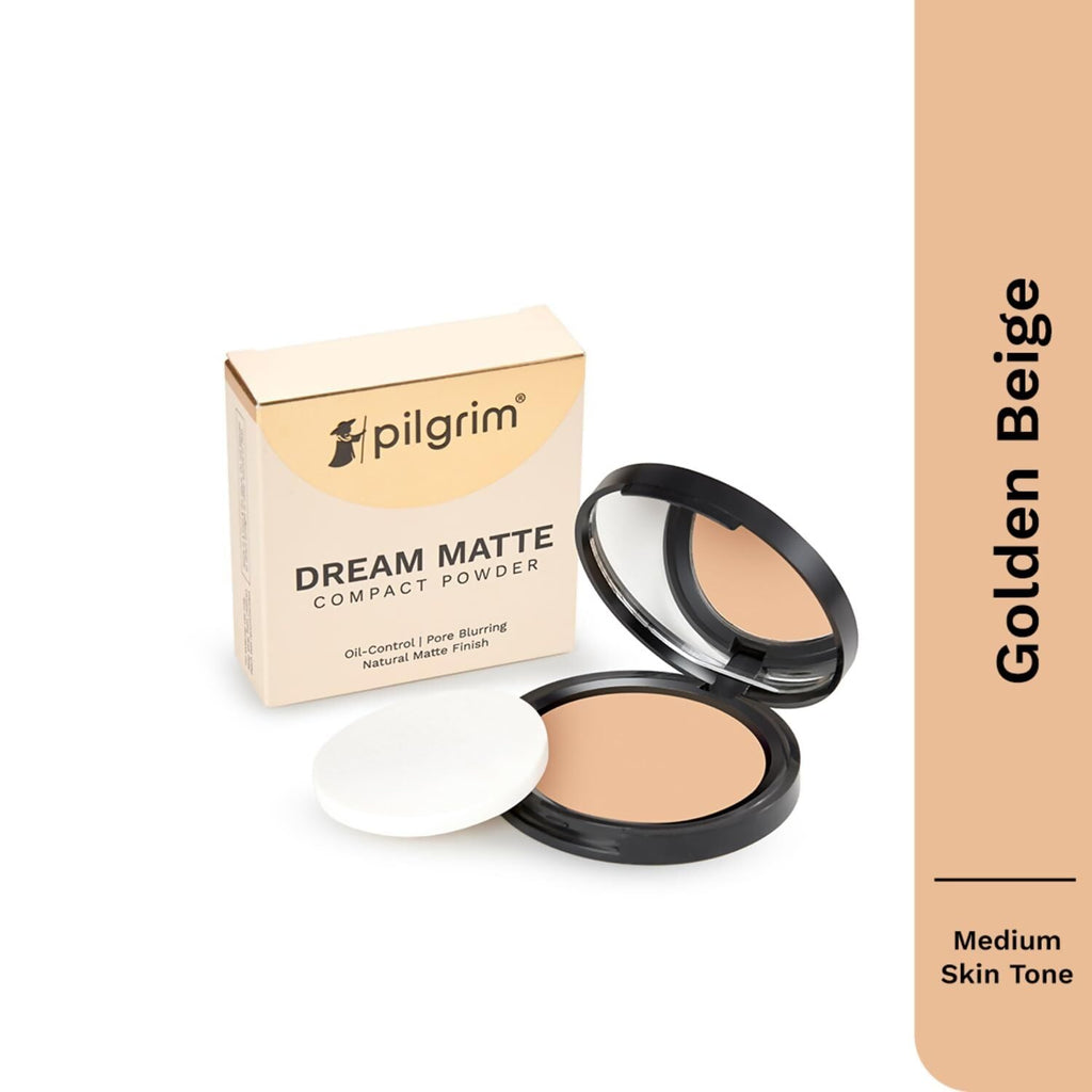 Pilgrim Golden Beige Matte Finish Compact Powder Absorbs Oil, Conceals & Gives Radiant Skin | Grocsy