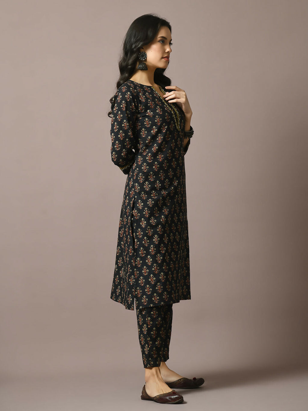 Myshka Women's Black Printed Cotton Straight Party Kurta Set | Grocsy