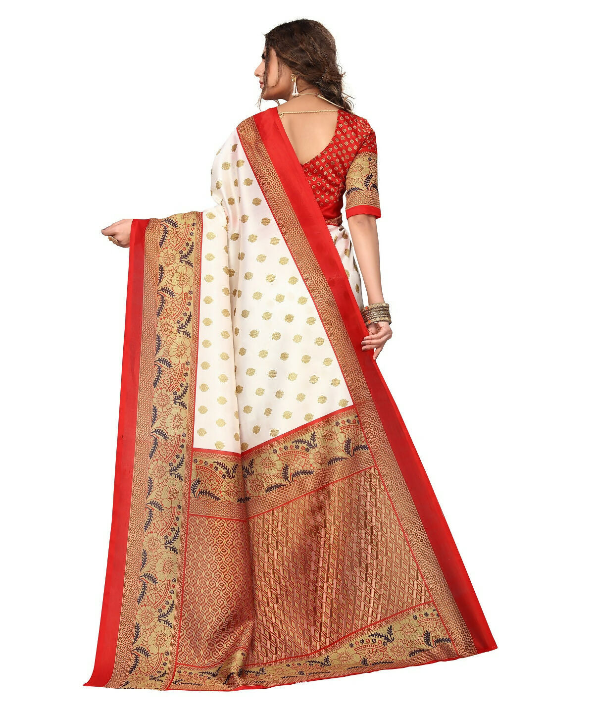 Vamika white & red Printed Art Silk Saree | Grocsy