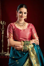 Joban Fashion Teal Paithani Silk Blend Butti Saree | Grocsy