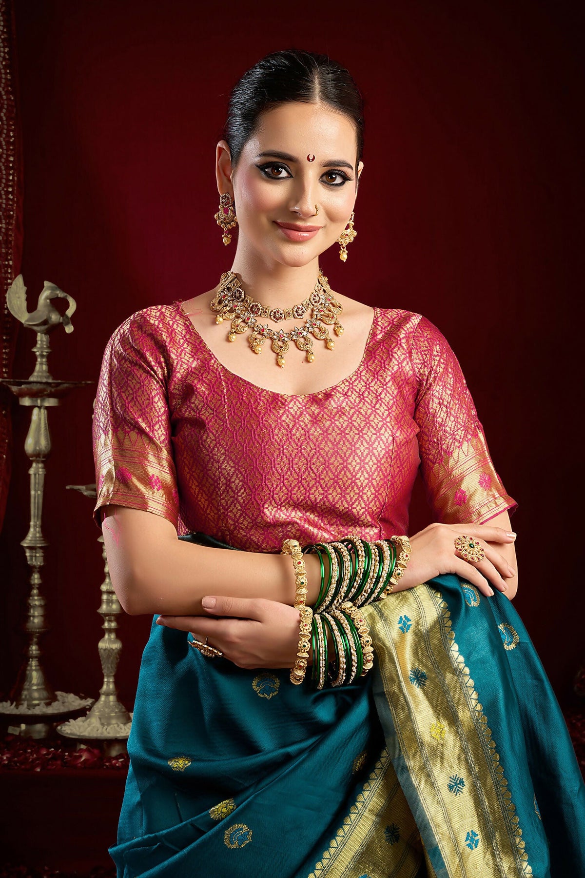 Joban Fashion Teal Paithani Silk Blend Butti Saree | Grocsy