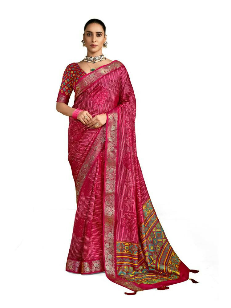 Joban Fashion Pink Velvet Tussar Silk with Foil Print Saree | Grocsy