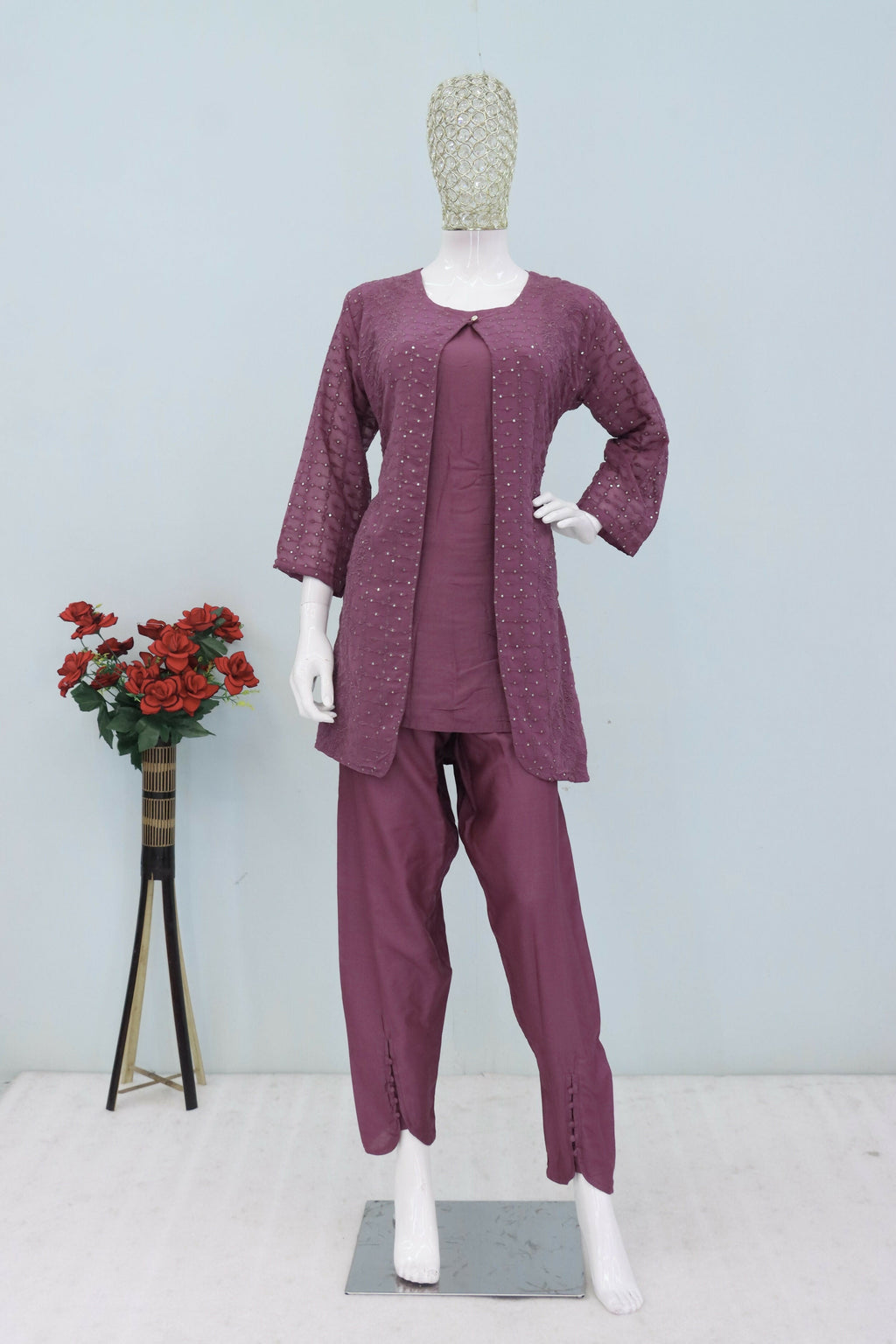 Teeya Creation Onion Color Faux Georgette Party Wear Designer Co Ord Set | Grocsy