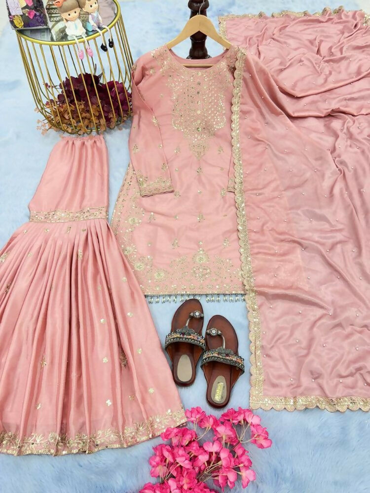 Teeya Creation Peach Color Chinnon Silk Embroidery Work Wedding Wear Salwar Suit | Grocsy