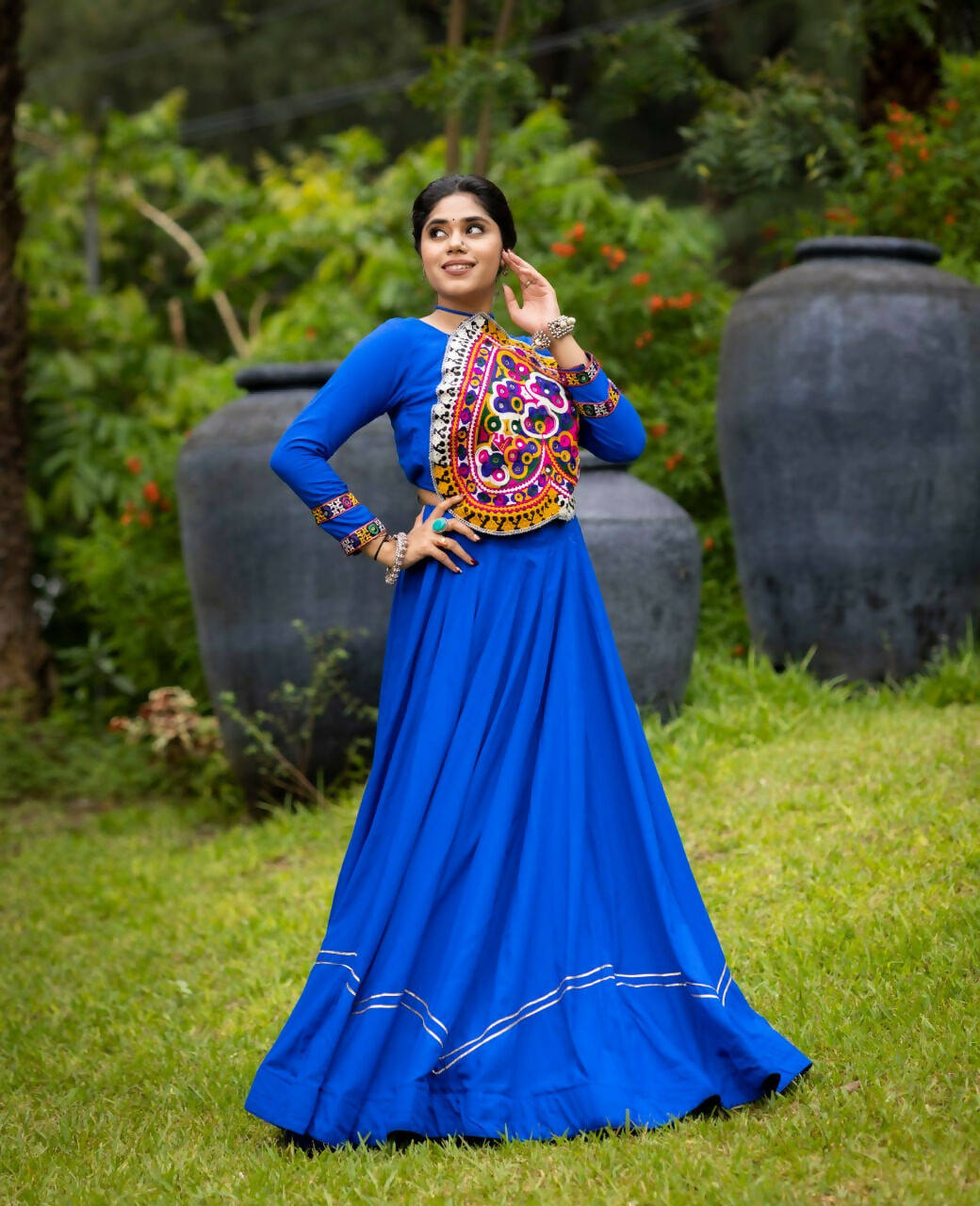 Yash Enterprise Blue Rayon Cotton Embroidery Semi Stitched Navratri Top Chaniya Choli | Grocsy