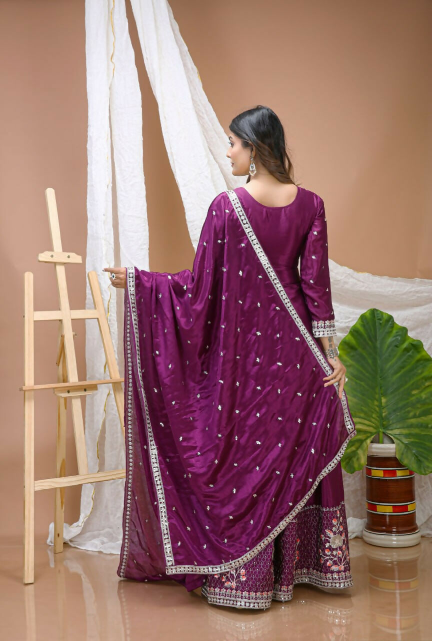 Teeya Creation Wine Color Chinon Silk Wedding Wear Trending Palazzo Set | Grocsy
