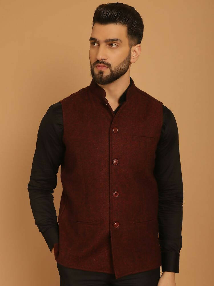 Even Apparels Pure Wool Nehru Jacket - Maroon | Grocsy