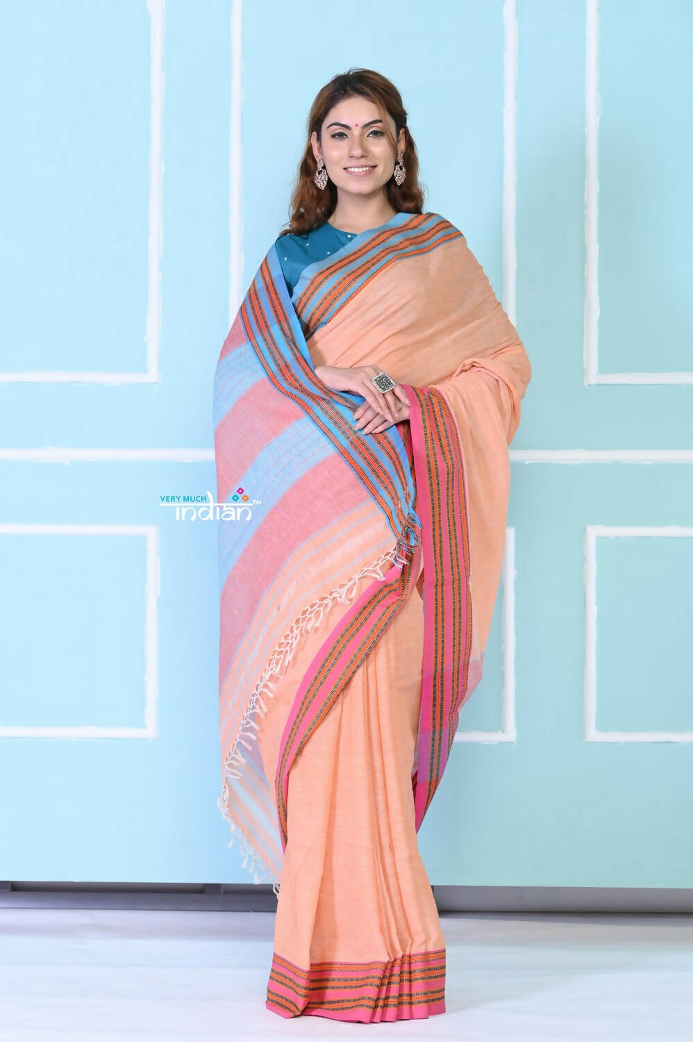 Very Much Indian Traditional Patteda Anchu Ilkal Handloom Saree - Peach Tone | Grocsy