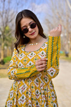 Jyoti Fashion Women's Mustard Heavy Digital Printed Cotton Silk Anarkali Dress | Grocsy